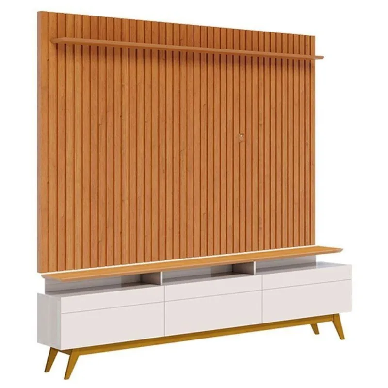 Rack Bancada Classic 3 Gavetas Com Nicho E Painel Para Tv Suspenso Ripado Loft 2.2 Off White Nature - Imcal - OUTRAS
