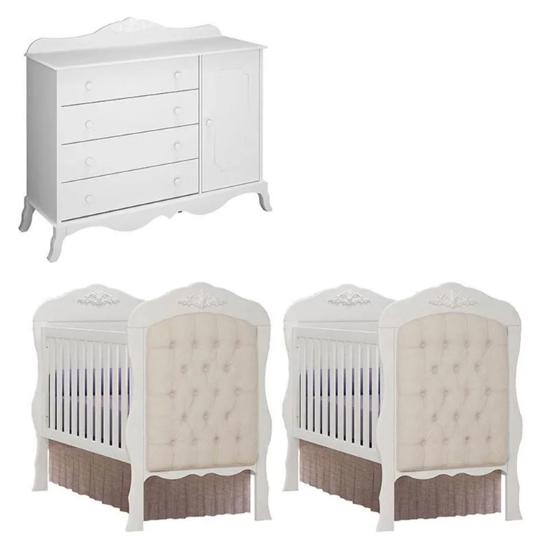 02 Berços Americano com Capitonê e Cômoda Infantil Realeza Branco Acetinado - Canaã