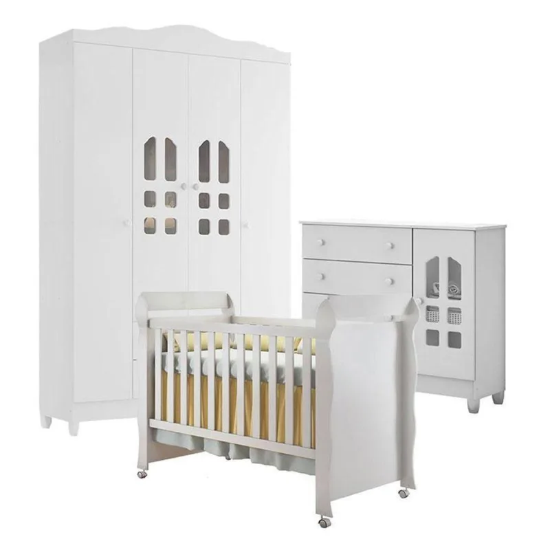 Quarto De Bebê New Selena 4 Portas Com Cômoda Selena E Berço Mirelle Branco Brilho – Carolina Móveis - Carolina Baby - Agro