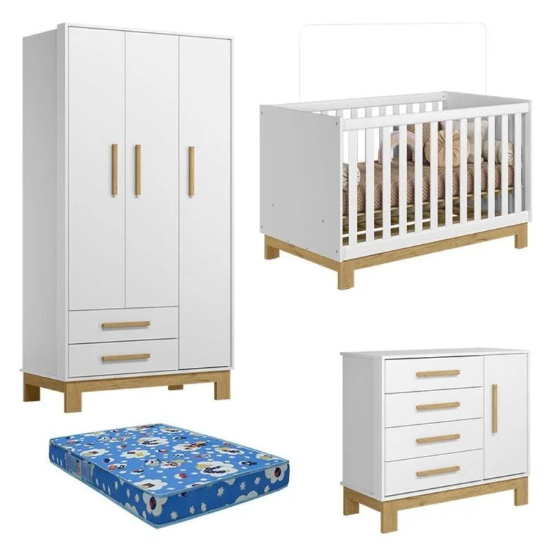 Quarto De Bebê Slim Branco Acetinado Com Colchão Ortobom - Qmovi - Qmovi