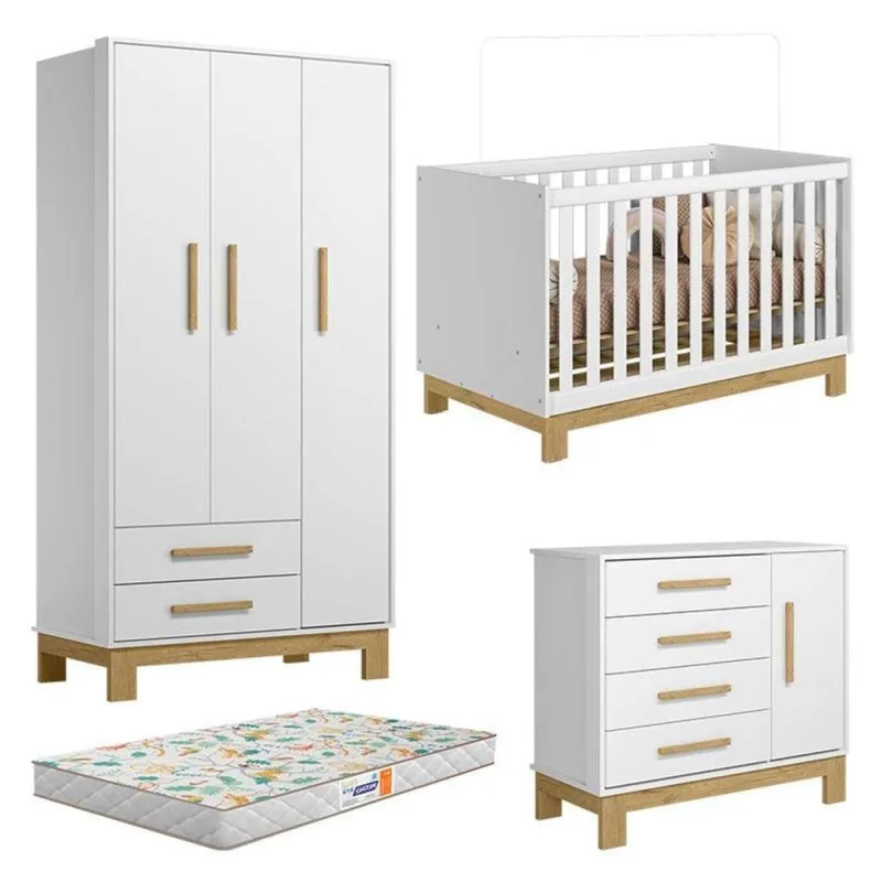 Quarto De Bebê Slim Branco Acetinado Com Colchão Gazin - Qmovi - Qmovi