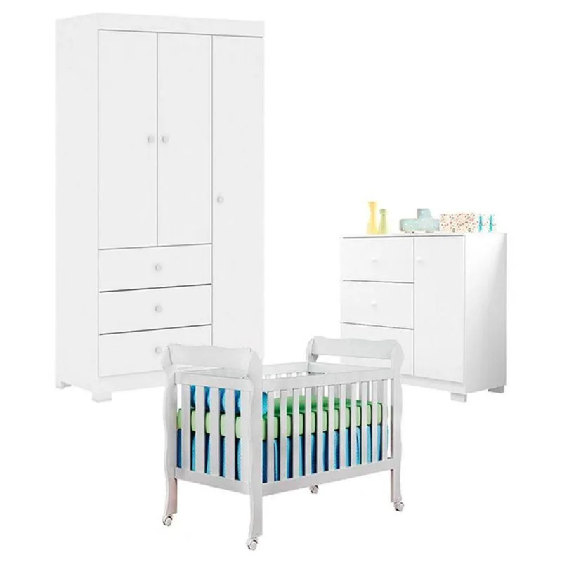 Quarto De Bebê Duda 3 Portas Com Berço Americano Lila Branco Brilho - Phoenix Baby