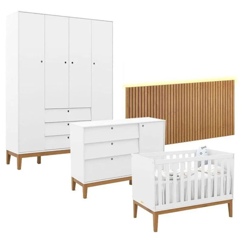 Quarto de Bebê Unique 4 Portas 3 Gavetas MDF 136cm Branco Soft Eco Wood Matic - OUTRAS