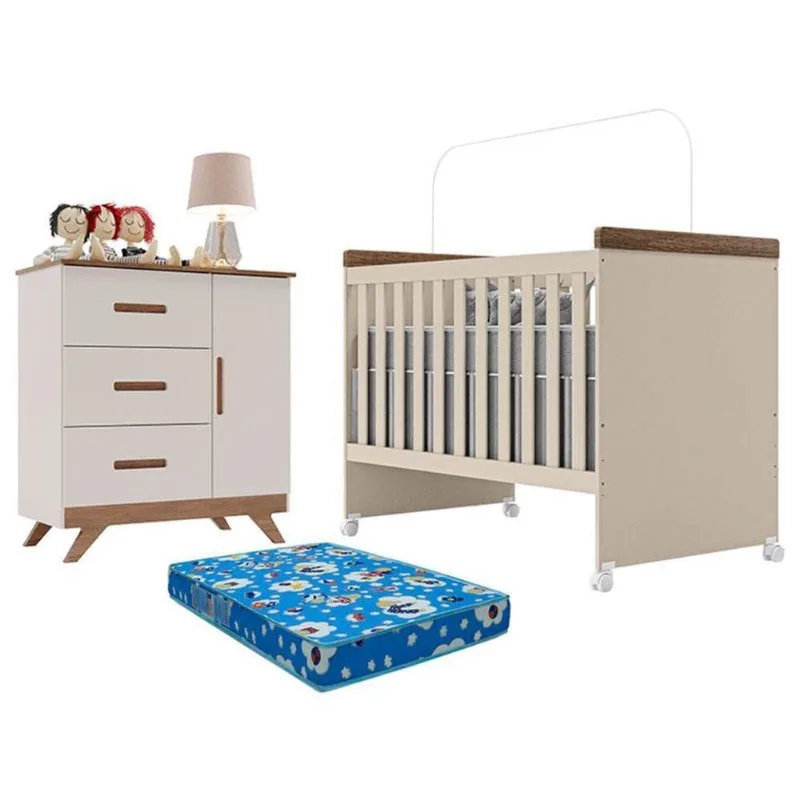 Berço Mini Cama Lívia E Cômoda Infantil Retro Maya Off White Carvalho Com Colchão Ortobom - Canaã