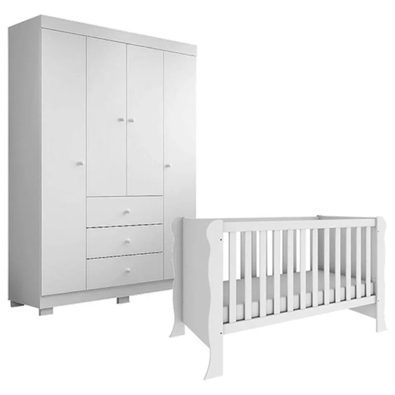 Berço Americano Mini Cama Ariel Com Guarda Roupa Duda 4 Portas Branco Brilho - Phoenix Baby
