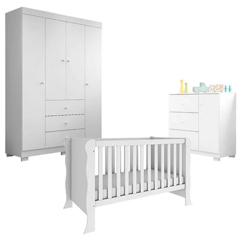 Quarto De Bebê Duda 4 Portas Com Berço Americano Mini Cama Ariel Branco Brilho - Phoenix Baby