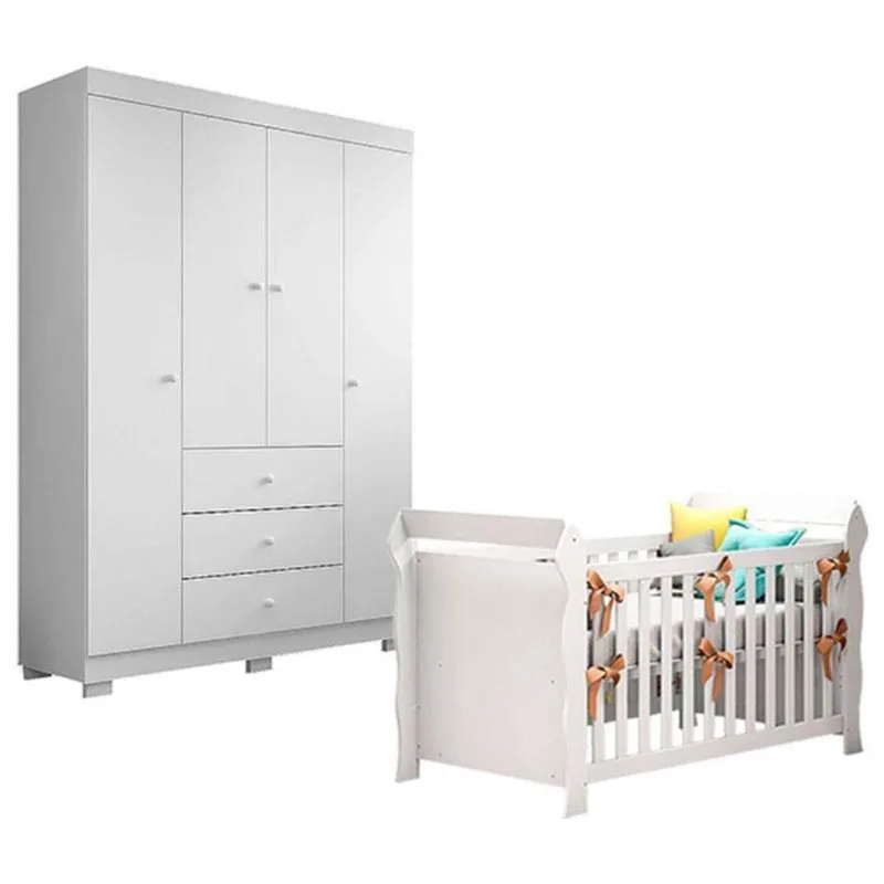 Berço Americano Lara Com Guarda Roupa Duda 4 Portas Branco Brilho - Phoenix Baby