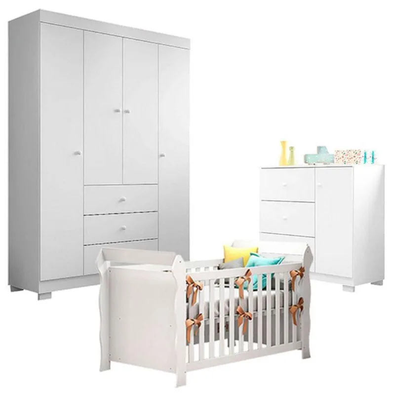 Quarto De Bebê Duda 4 Portas Com Berço Americano Lara Branco Brilho - Phoenix Baby
