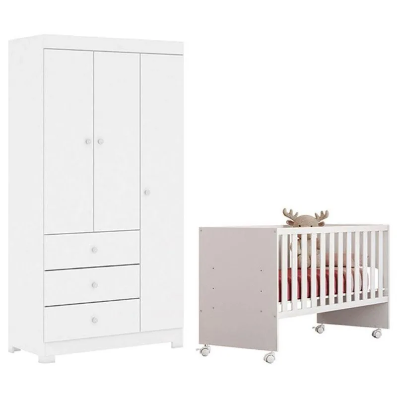 Berço Nacional Doce Sonho 3540 Com Guarda Roupa Duda 3 Portas Branco Brilho