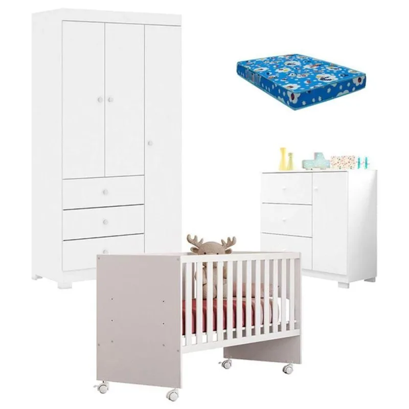 Quarto De Bebê Duda 3 Portas Com Berço Doce Sonho 3540 Branco Brilho Com Colchão Ortobom - Phoenix Baby