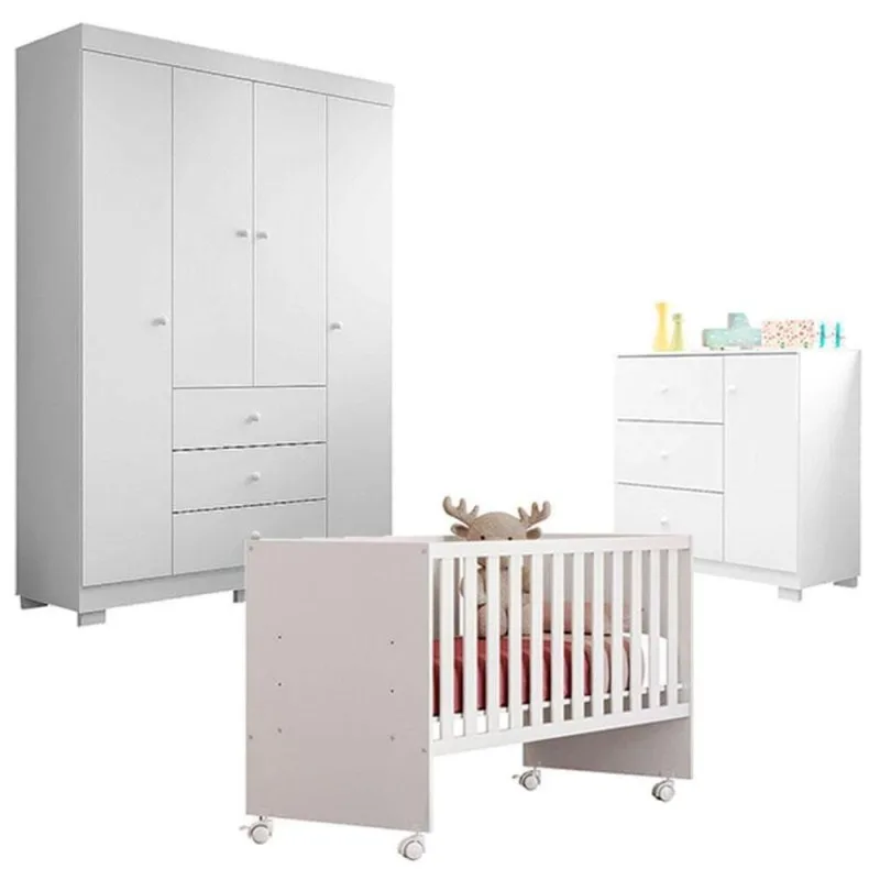 Quarto De Bebê Duda 4 Portas Com Berço Doce Sonho 3540 Branco Brilho - Phoenix Baby - Phoenix Baby