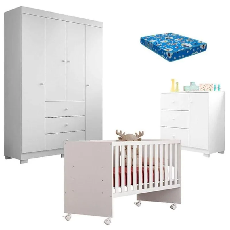 Quarto De Bebê Duda 4 Portas E Berço Doce Sonho 3540 Branco Brilho Com Colchão Ortobom - Phoenix Baby