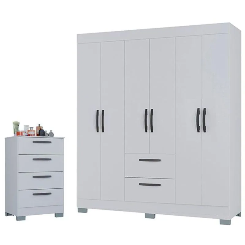 Cômoda 867 4 Gavetas E Guarda Roupa Casal Tóquio 6 Portas Branco Brilho - Poquema - OUTRAS