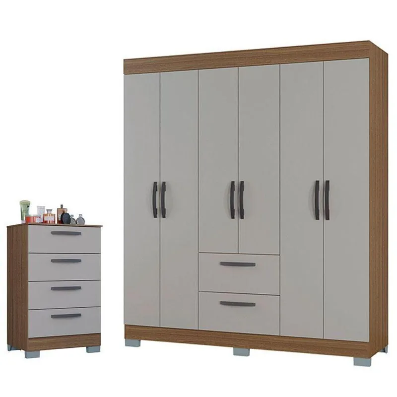 Cômoda 867 4 Gavetas E Guarda Roupa Casal Tóquio 6 Portas Castanho Off White - Poquema - OUTRAS