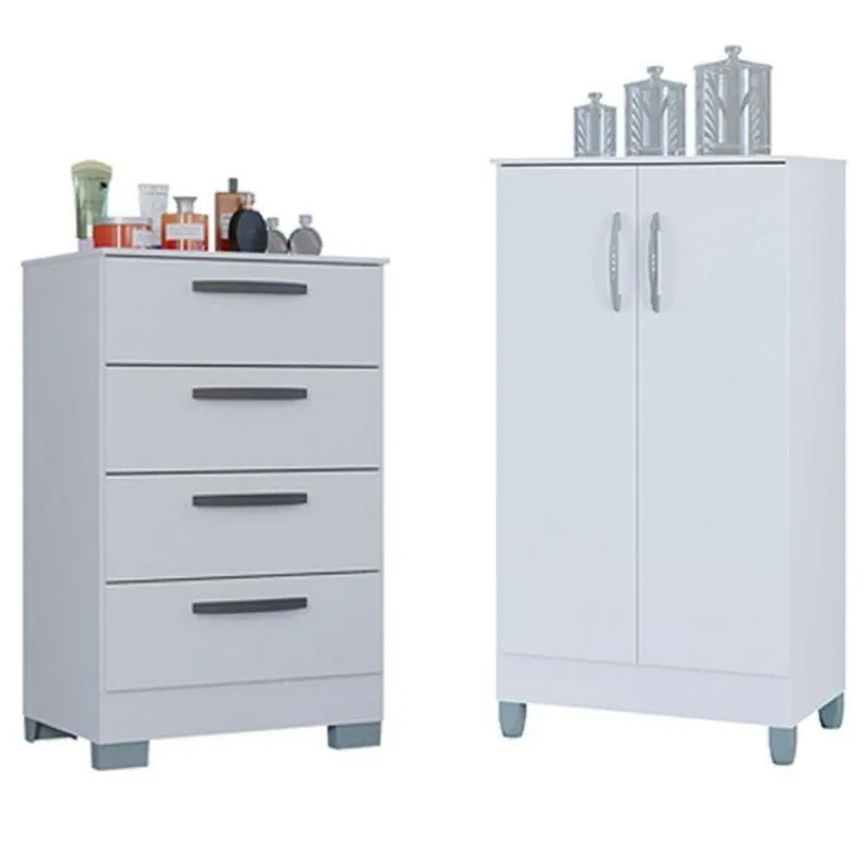 Cômoda 867 4 Gavetas Com Armário Multiuso 2 Portas Pequeno Branco Brilho - Poquema