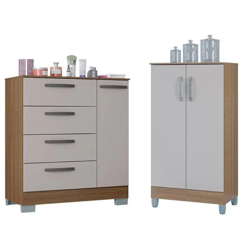 Cômoda 868 4 Gavetas em MDF com Puxador Plástico Off White com Armário Multiuso Pequeno