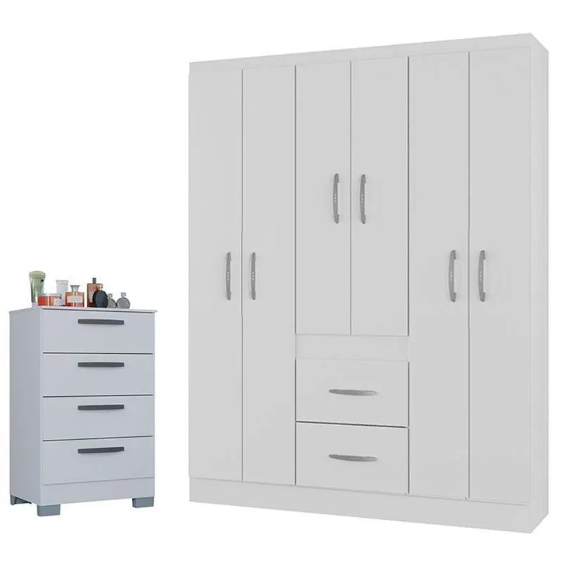 Cômoda 867 4 Gavetas Com Guarda Roupa Casal Milão 6 Portas Branco Brilho - Poquema - OUTRAS