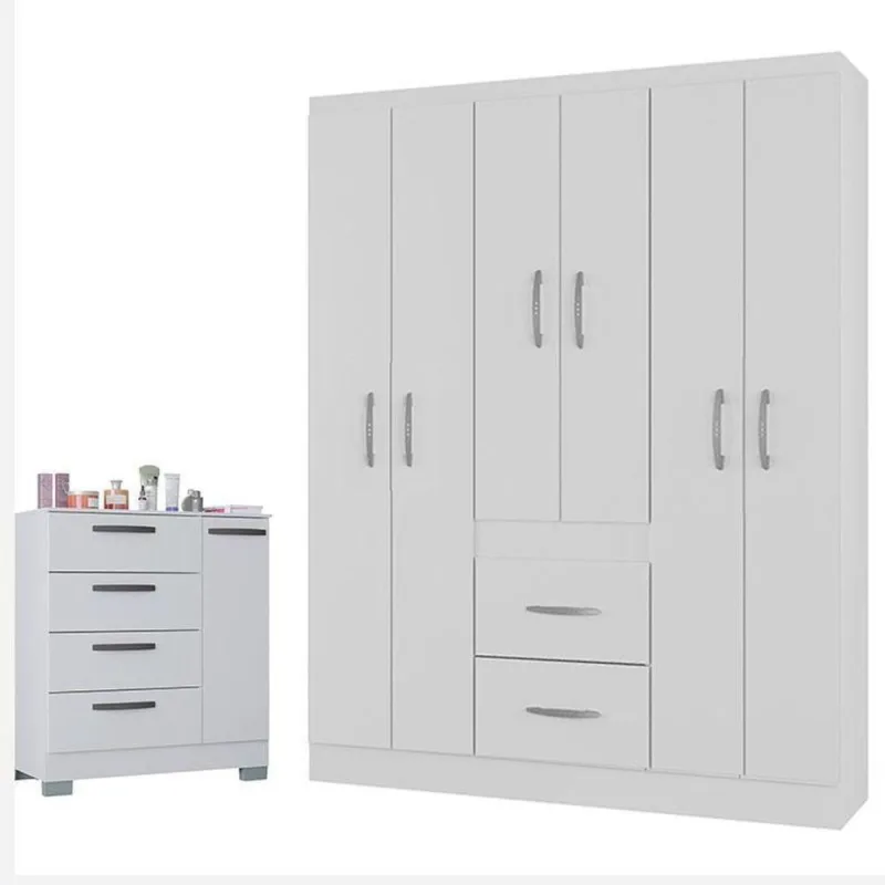 Cômoda 868 4 Gavetas E 1 Porta Com Guarda Roupa Casal Milão 6 Portas Branco Brilho - Poquema - OUTRAS - Agro