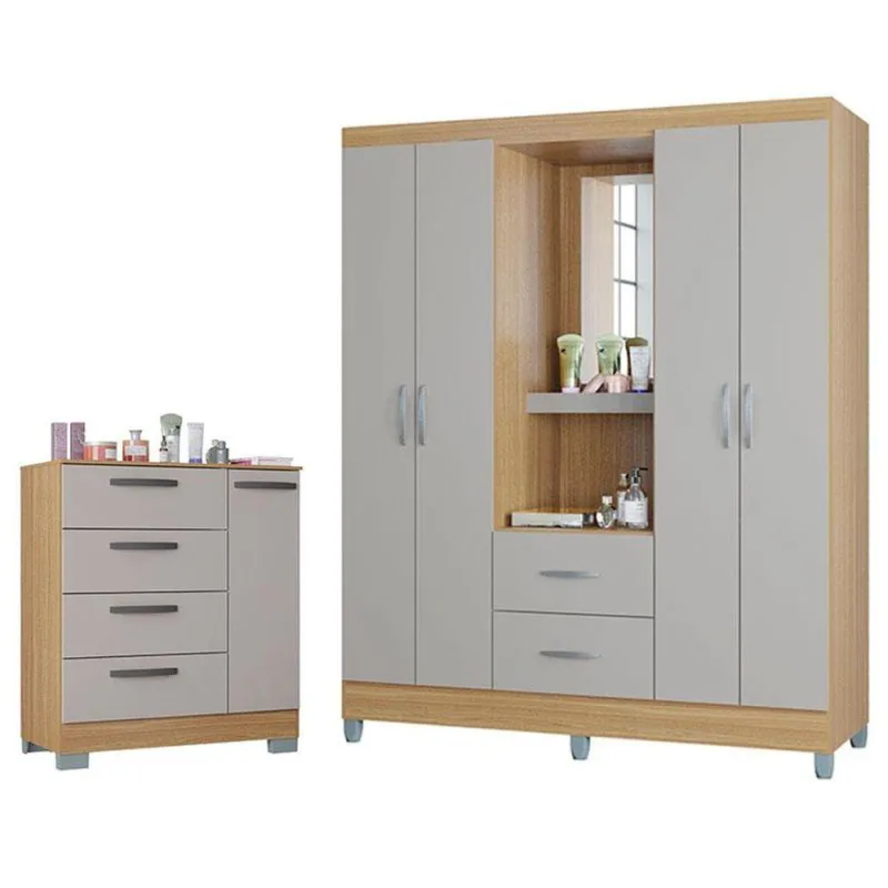 Cômoda 868 4 Gavetas E 1 Porta Com Guarda Roupa Solteiro Córdoba 4 Portas Damasco Off White - Poquema - Não Informado