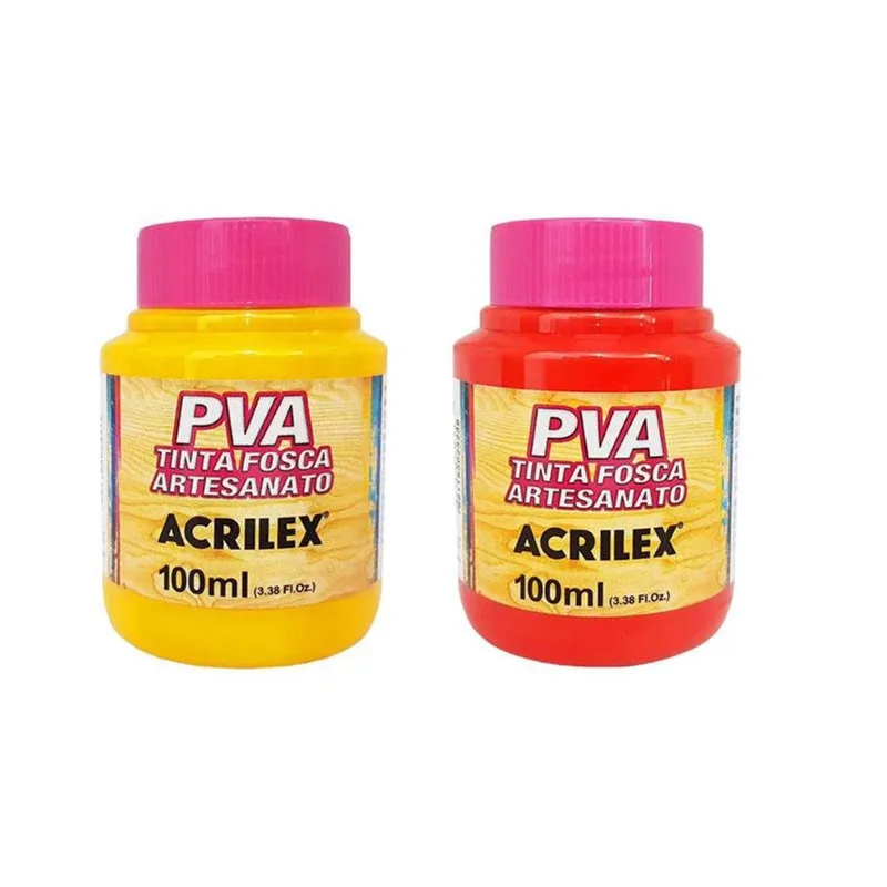 Kit Tinta pva Fosca para Artesanato 100ml Amarelo Ouro e Vermelho Fogo - Acrilex