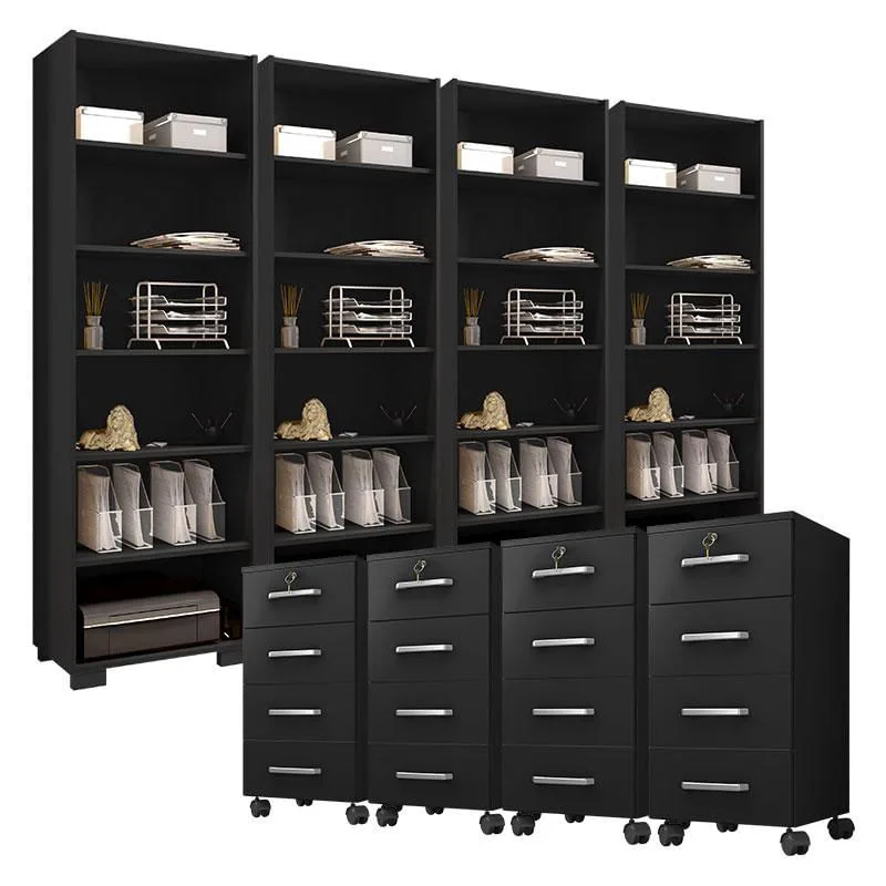 Kit 4 Gaveteiros para Escritório Gávea com Chave e 4 Livreiros Office Preto Fosco – Móveis Leão - Não Disponível - Móveis