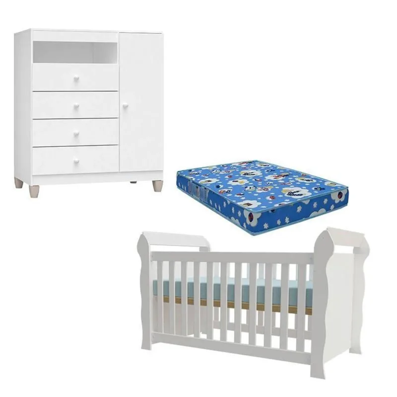 Berço Americano Lara Com Colchão Para Berço Americano E Cômoda Infantil Ternura Baby Branco Brilho - Incorplac - OUTRAS - Colchões