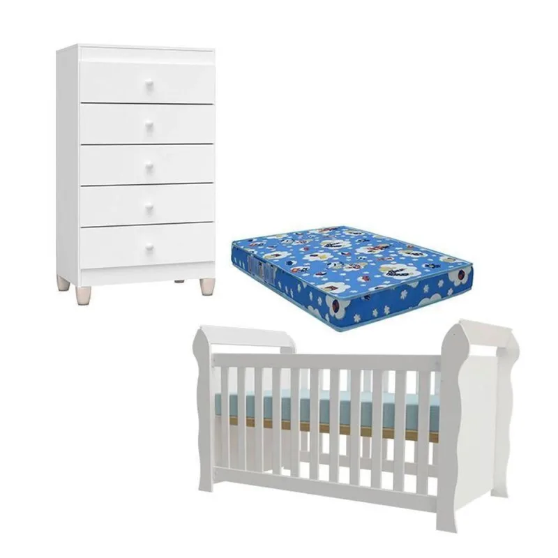 Berço Americano Lara com Cômoda Gaveteiro Mdf Mdp com Colchão Incluso Branco Brilho - OUTRAS