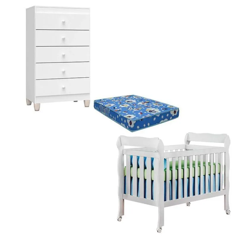 Berço Americano Lila Com Colchão Para Berço Americano E Cômoda Gaveteiro Ternura Baby Branco Brilho - Incorplac - OUTRAS - Agro