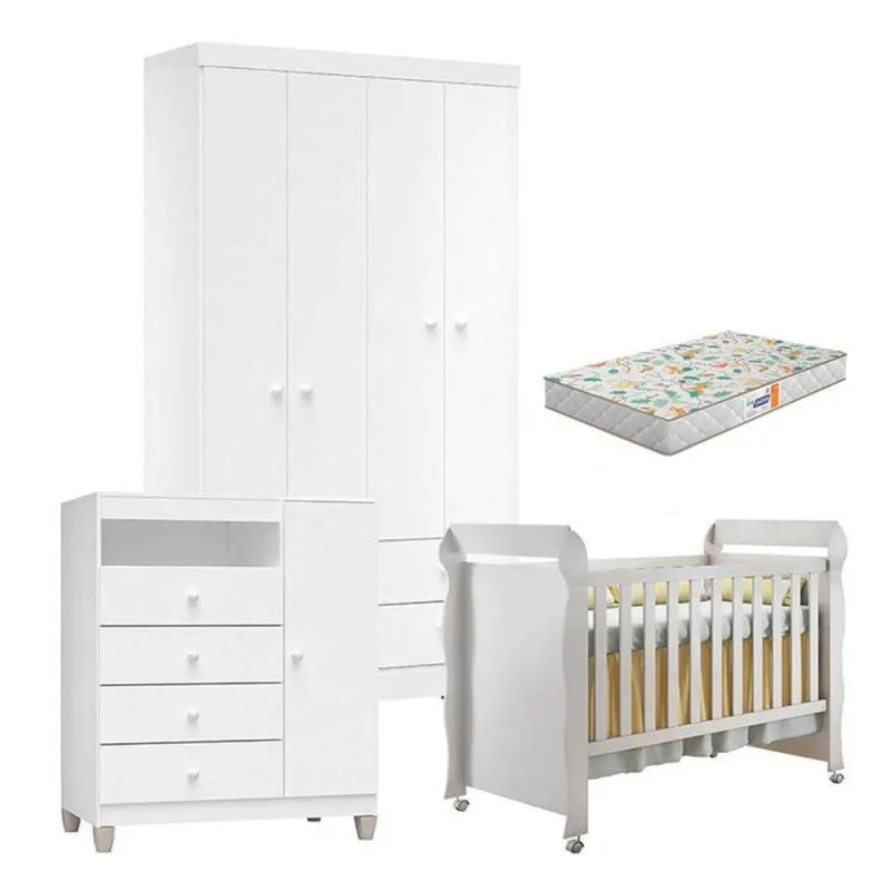 Quarto De Bebê 4 Portas Ternura Baby Com Berço Mirelle Branco Brilho Com Colchão Gazin - Incorplac - OUTRAS - Agro