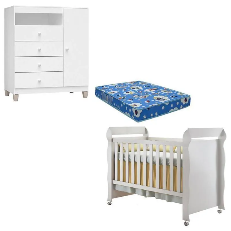Berço Americano Mirelle Com Colchão Para Berço Americano E Cômoda Infantil Ternura Baby Branco Brilho - Incorplac - OUTRAS