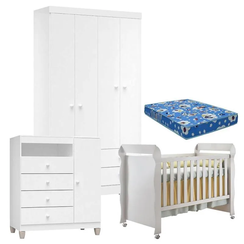 Quarto De Bebê 4 Portas Ternura Baby Com Berço Mirelle Branco Brilho Com Colchão - Incorplac - OUTRAS
