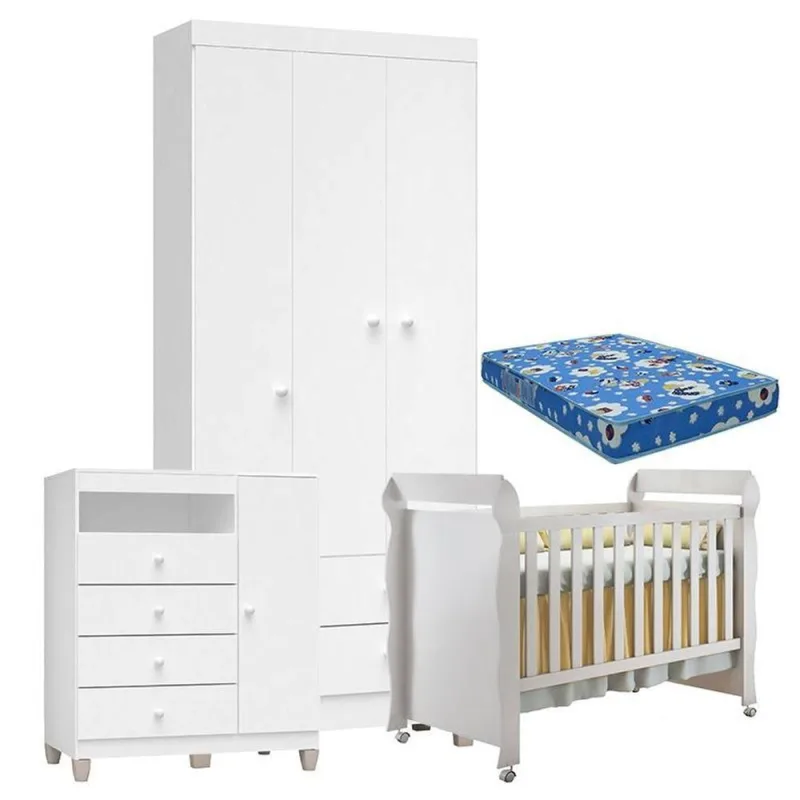 Quarto De Bebê 3 Portas Ternura Baby Com Berço Mirelle Branco Brilho Com Colchão - Incorplac - OUTRAS