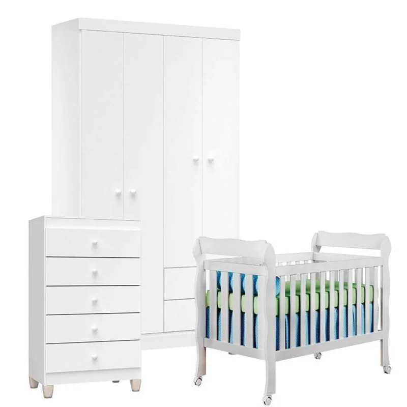Quarto De Bebê 4 Portas Com Gaveteiro Ternura Baby E Berço Lila Branco Brilho - Incorplac - OUTRAS - Cama, Mesa E Banho