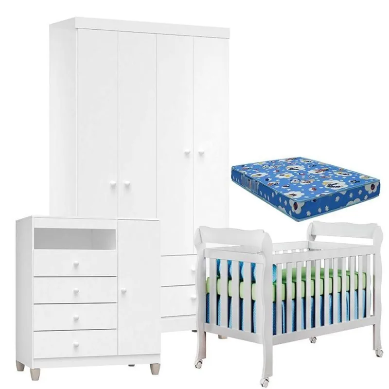 Quarto De Bebê 4 Portas Ternura Baby Com Berço Lila Branco Brilho Com Colchão - Incorplac - OUTRAS