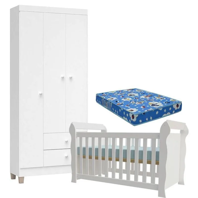 Berço Americano Lara Com Colchão E Guarda Roupa Ternura Baby 3 Portas Branco Brilho - Incorplac - OUTRAS