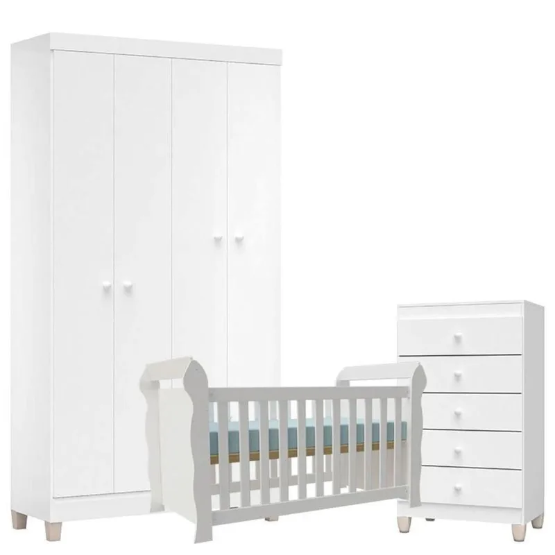 Quarto De Bebê 4 Portas Com Gaveteiro Ternura Baby E Berço Lara Branco Brilho - Incorplac - OUTRAS