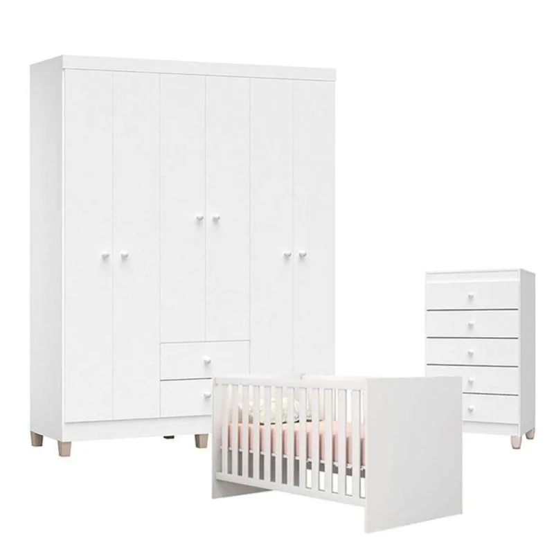 Quarto De Bebê Ternura Baby 6 Portas Com Cômoda Gaveteiro Branco Brilho - Incorplac - OUTRAS - Móveis