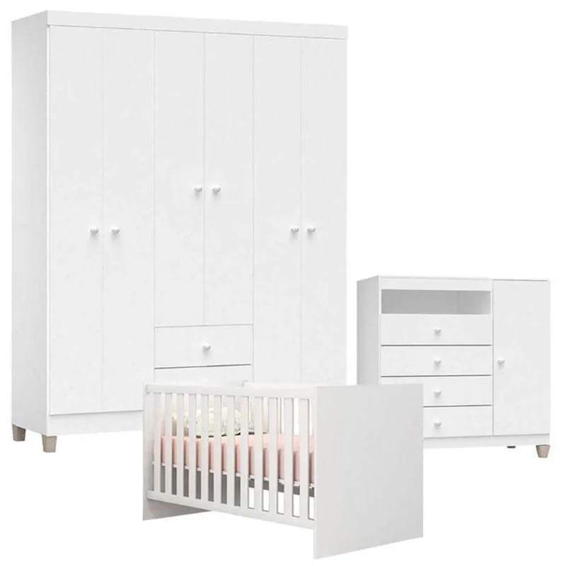 Quarto De Bebê 6 Portas Ternura Baby Com Berço Americano Doce Sonho 100 predominância da cor Branco Brilho - Incorplac