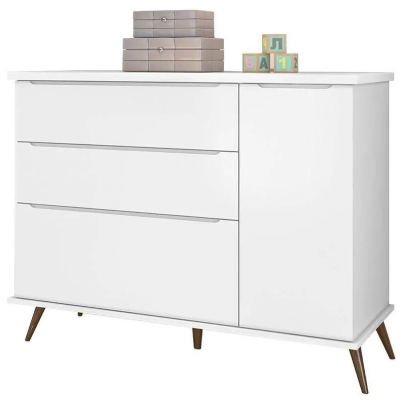 Cômoda Infantil Alice 3 Gavetas MDF Puxador MDF Branco Acetinado com Porta e Prateleira Interna - Phoenix Baby - Bebês