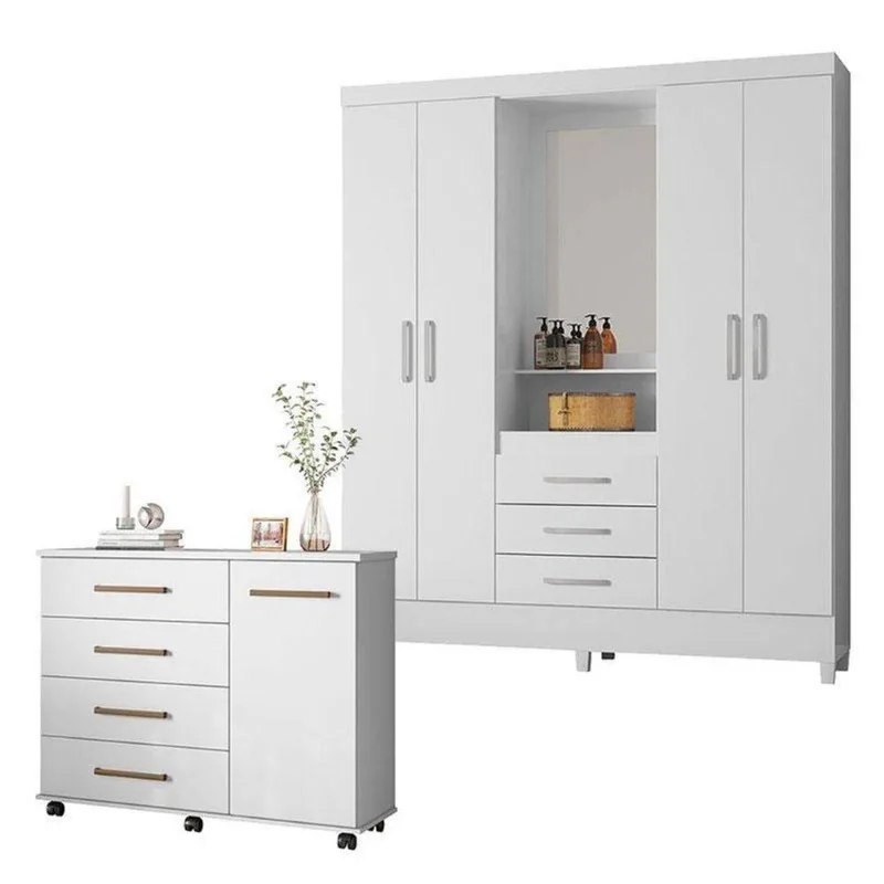 Cômoda Flora E Guarda Roupa Casal Capelinha Pérsia Branco Flex - Demóbile