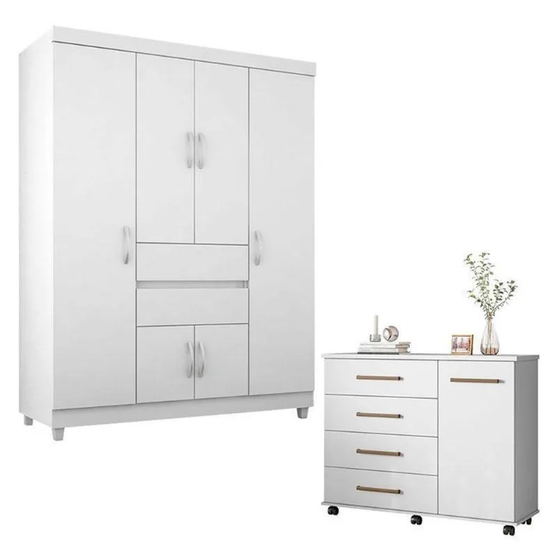 Cômoda Flora E Guarda Roupa Solteiro Ecom 2 Branco Flex - Demóbile