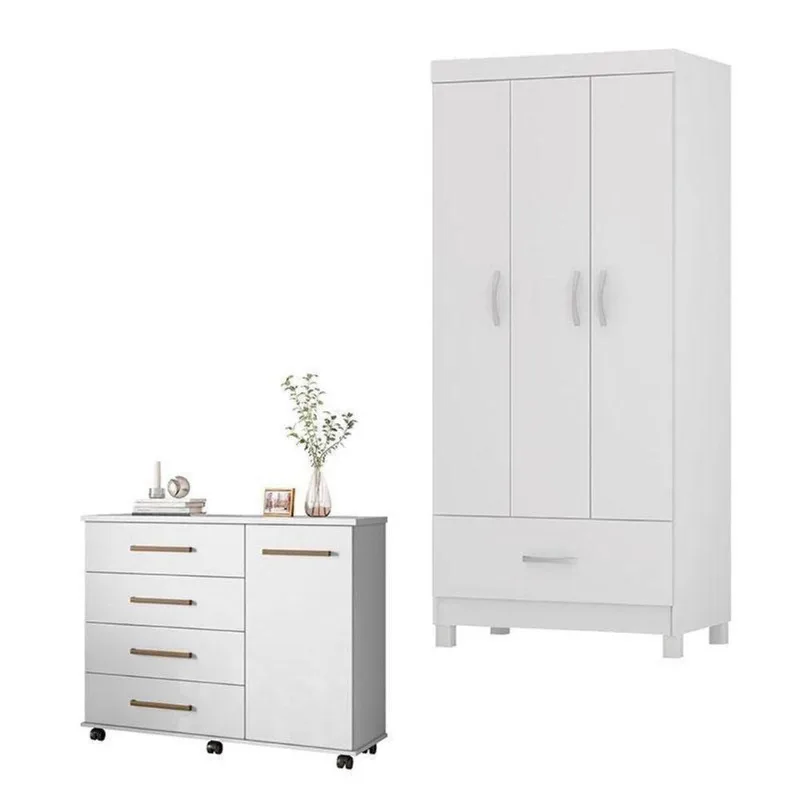 Cômoda Flora E Guarda Roupa Solteiro Prince Branco - Demóbile - Demobile