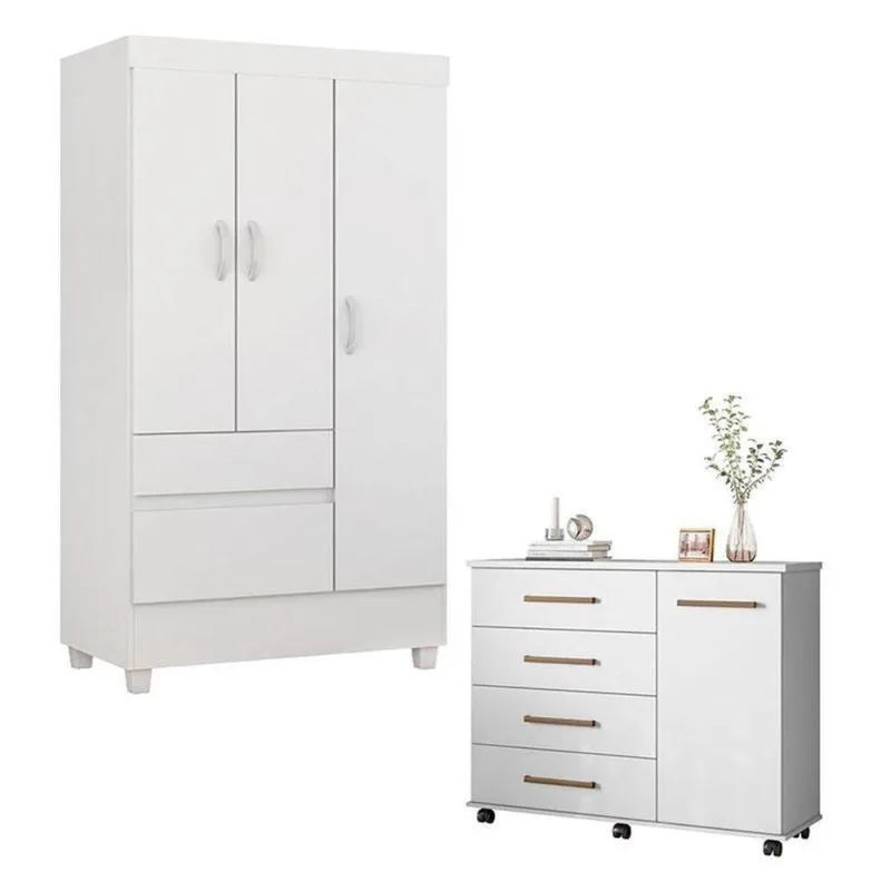Cômoda Flora E Guarda Roupa Solteiro Branco - Demóbile - Demobile