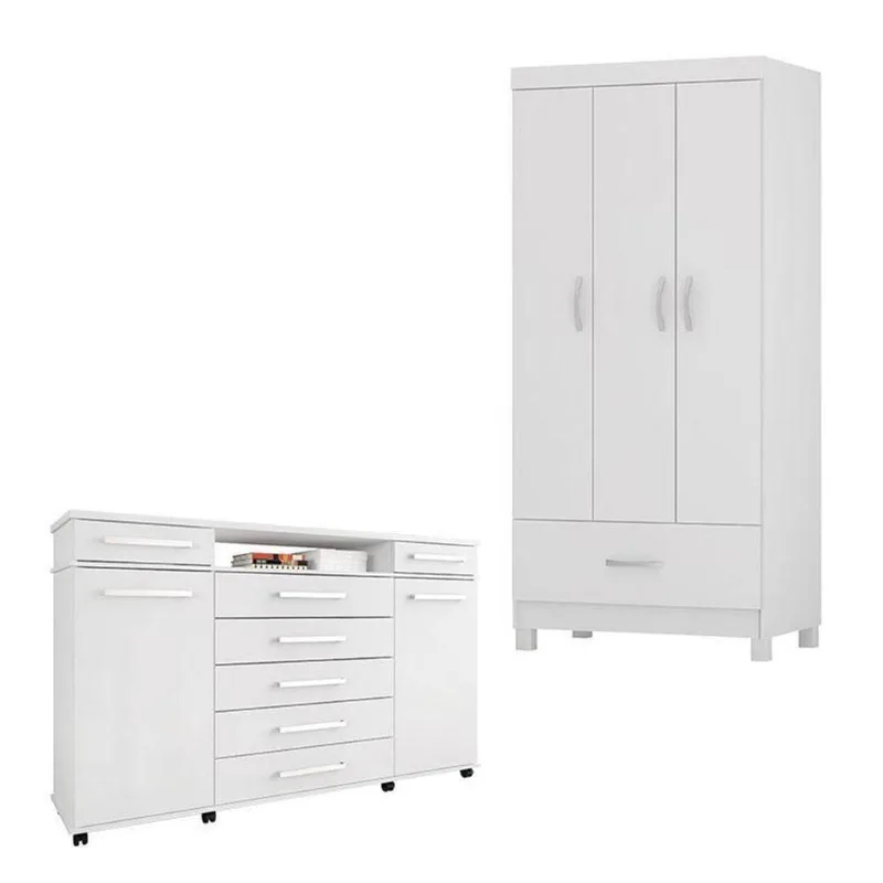 Cômoda London E Guarda Roupa Solteiro Prince Branco - Demóbile