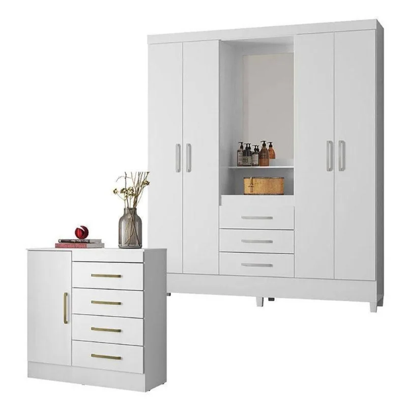 Cômoda Montevidéu E Guarda Roupa Casal Capelinha Pérsia Branco Flex - Demóbile