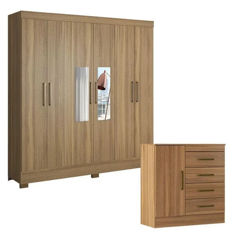 Cômoda Montevidéu E Guarda Roupa Casal Prático Amêndola Touch Com Espelho - Demóbile - Demobile