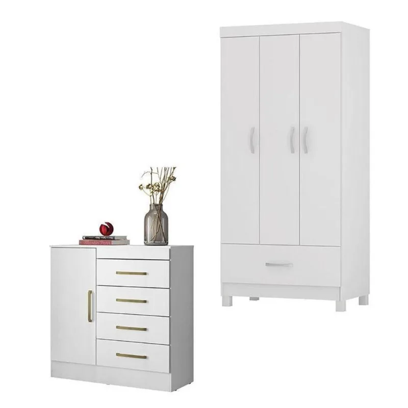 Cômoda Montevidéu E Guarda Roupa Solteiro Prince Branco - Demóbile - Demobile