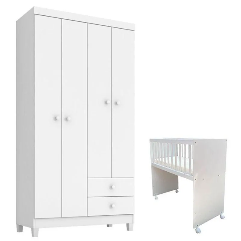 Mini Berço Moisés Alegria Com Colchão E Guarda Roupa Ternura Baby 4 Portas Branco Flex - Incorplac
