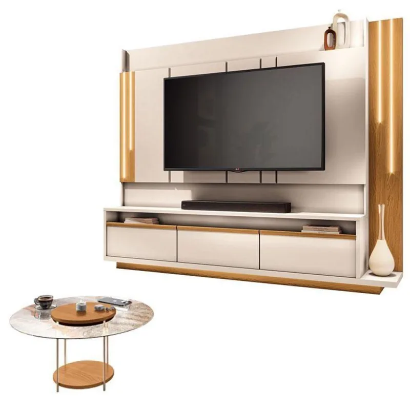 Estante Home Theater Montane Off White Cinamomo E Mesa De Centro Sky Com Tampo De Vidro Cinamomo - Hb Móveis - Hb Moveis