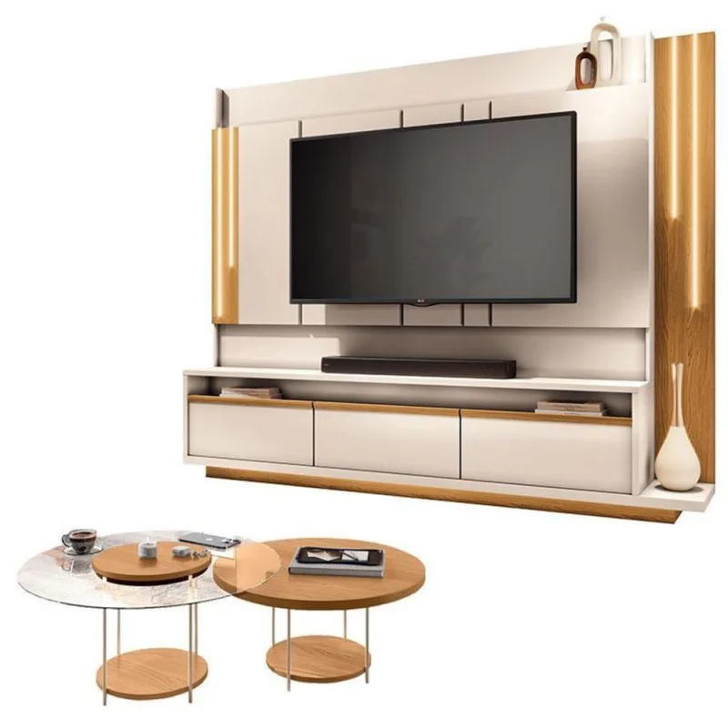 Estante Home Theater Montane Off White Cinamomo E Kit Mesa De Centro Sky Cinamomo - Hb Móveis - Hb Moveis
